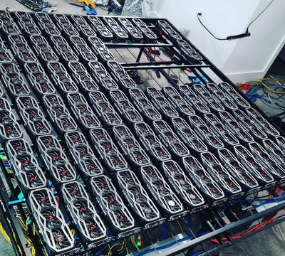 Modern cryptocurrency mining farm with rows of mining rigs